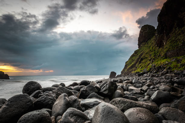 istock Ribeira da Janela. Volcanic  rock formations standing the Atlantic Ocean at dramatic sunrise, Madeira Island, Portugal 2157064145