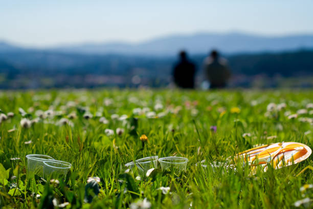 Objects drop by people on the grass after making a picnic, not taking care of nature