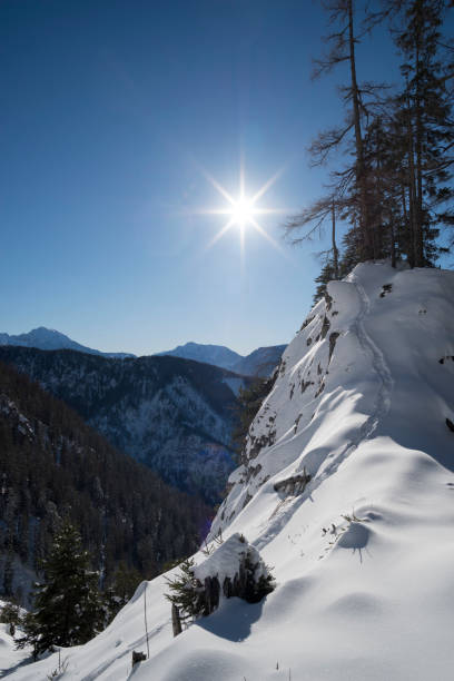 A shot of a snow covered mountain under a clear sky