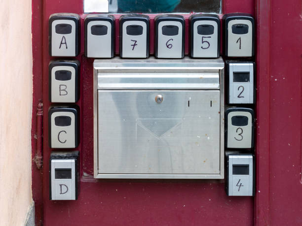 Key boxes for home rentals in Prague Rows of self check-in boxes to retrieve keys attached to street door in Prague Old Town key package stock pictures, royalty-free photos & images