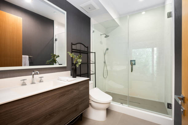 istock Image of a modern bathroom featuring a walk-in shower and adjacent toilet 2157067918