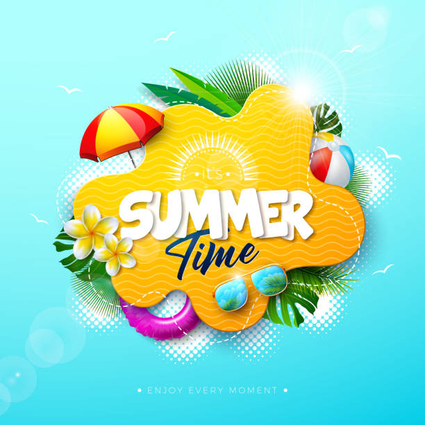 istock Summer Time Illustration with Beach Holiday Elements, Flower and Tropical Palm Leaves on Ocean Blue Background. Beach Ball, Sunshade, Pool Float and Sunglasses with Typography Letter. Vector Vacation Design Template for Banner, Flyer, Invitation, Brochure 2157068840