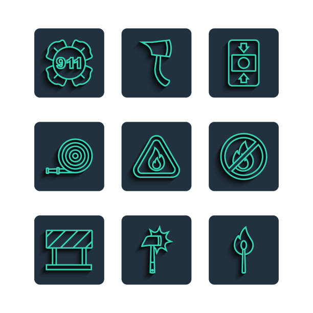 Set line Road barrier, Firefighter axe, Burning match with fire, alarm system, flame triangle, hose reel, Emergency call 911 and No icon. Vector Set line Road barrier Firefighter axe Burning match with fire alarm system flame triangle hose reel Emergency call 911 and No icon. Vector. flammable cabinet stock illustrations