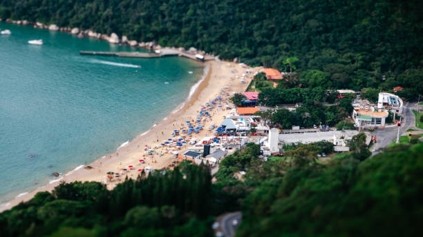 A crowded beach with a lake in the foreground