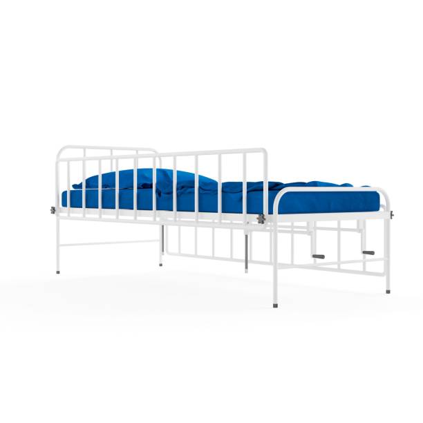 istock Blue metal hospital bed with blue sheets on a white frame 2157073135