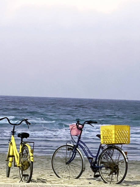 Two bicycles with baskets parked on sandy beach