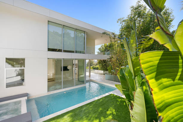 istock Pool adjacent to a house with lush plants alongside 2157074066