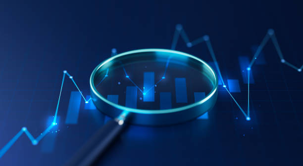 Business financial analysis strategy on magnifier finance data report graph 3d background of growth marketing investment accounting chart or success planning economy technology money diagram concept. estrategia de análisis financiero empresarial en lupa, gráfico de informe de datos financieros, fondo 3d de crecimiento, marketing, inversión, gráfico, gráfico o economía de planificación, éxito, tecnología, concepto de diagrama de dinero.