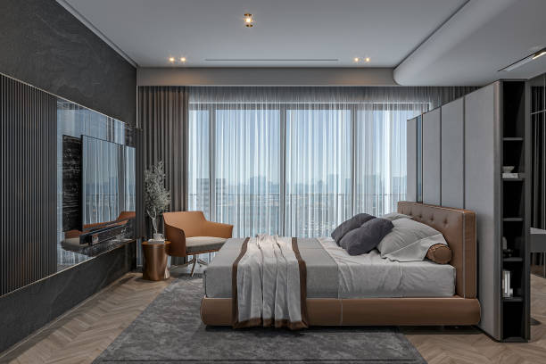 istock 3d rendering modern bedroom interior scene design, city view from the large window 2157081398