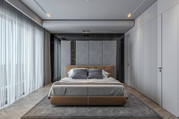 istock Modern luxury classic bedroom with daylight from large window. 3D illustration 2157081556