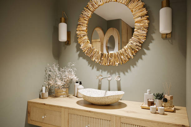 istock Tranquil Bathroom Retreat A Modern Sanctuary Featuring a Sleek Wooden Vanity and Inviting Warm Hues 2157081580