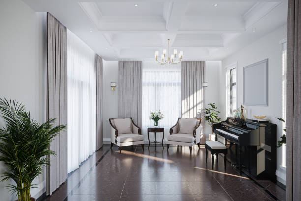 istock A modern home hallway features a white wall, piano, built-in classic interior 2157081609