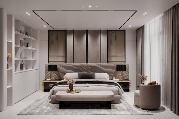 istock Master bedroom interior in luxury apartment features king size bed and well organization 2157081707