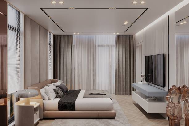 istock Master bedroom interior in luxury apartment features comfy bed and others stuff 2157081713
