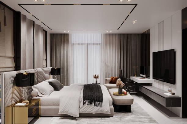 istock Master bedroom interior in luxury apartment, net and clean lines decor 2157081715