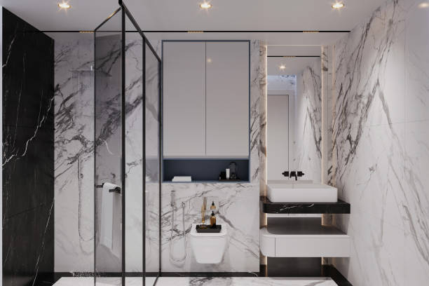 istock Modern glamour interior concept for the modern restroom with washbasin and high-commode 2157081762