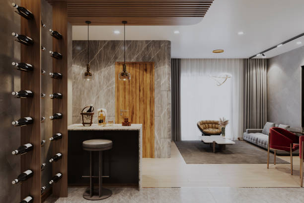 istock A sophisticated bar area with a marble-topped counter, a built-in wine wall rack 2157082162