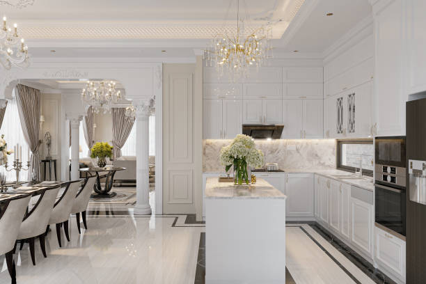 istock Open Concept Elegant and Spacious Kitchen with Marble Countertops, flowers 2157082278