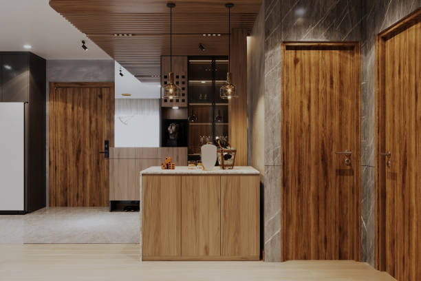 istock Wooden kitchen interior in contemporary house 2157082341