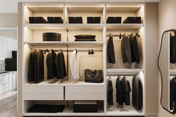 istock Elegant wooden wardrobe with ample storage and stunning parquet flooring, adding warmth and style 2157082660