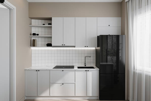 istock Modern minimalist kitchen interior with white kitchen cabinet and fridge 2157082705