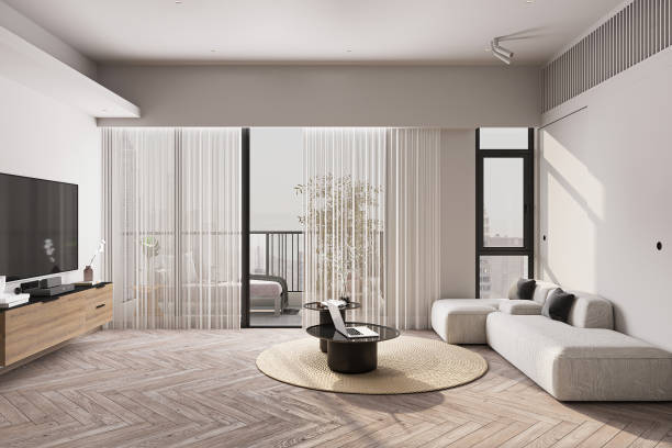 istock 3d render of luxury home interior, living room, sunlight entry from large window 2157082849