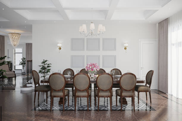 istock Modern dining room with white walls, windows covered with drapes, a table and chairs on the marble floor 2157082852