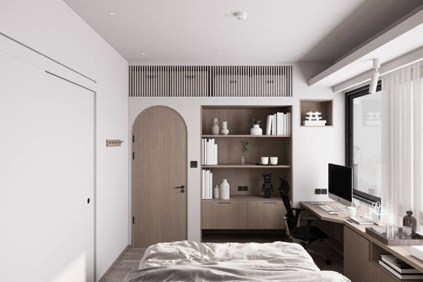 istock a door and a computer study nook. Interior of bedroom. sleeping at home as an idea 2157082868