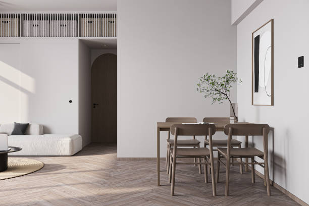 istock clean and bright home interior mock up, natural lighting in Scandinavian dining room 2157082942