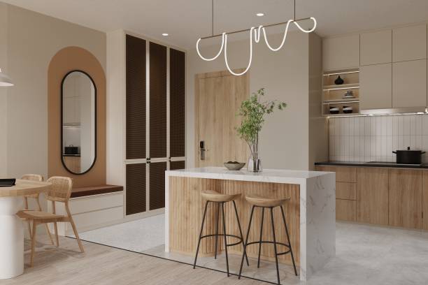 istock Elegant chic bohemian kitchen with natural materials. white concrete countertop 2157083001