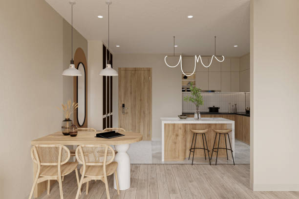 istock Minimalist white marble kitchen with home bar and dining table with wooden chairs 2157083061