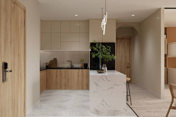 istock Minimalist white marble kitchen with home bar in the open kitchen 2157083066