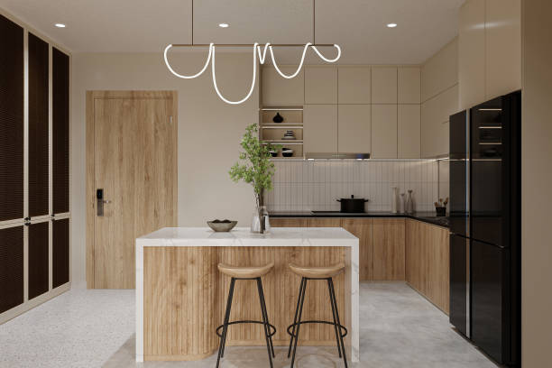 istock Minimalist white marble kitchen with home bar and stools 2157083068