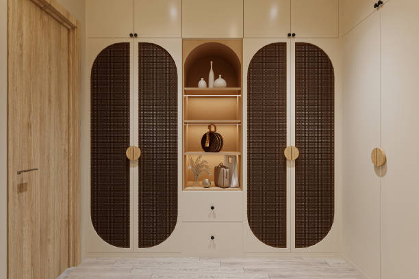 istock modern closet with clothes hanging on rail 2157083125
