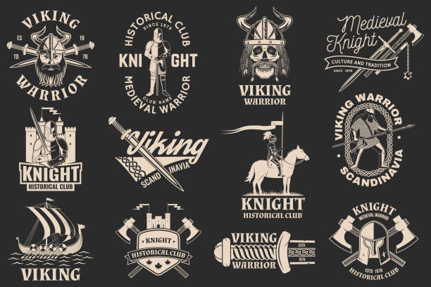 Set of viking warrior and knight historical club logos, badges, stickers. Vector. Patch design heraldic shield with a knight, viking in helmet with crossed battle axe, sword and nordic ship.