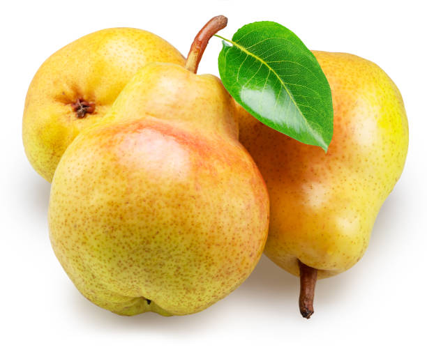 istock Three ripe yellow pears with green leaf on white background. File contains clipping path. 2157083198