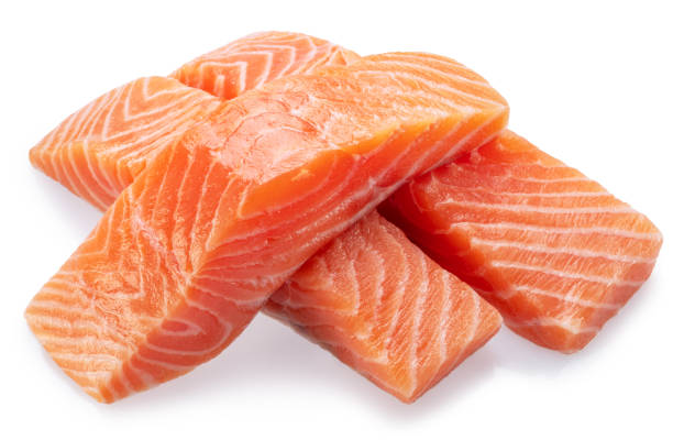 istock Salmon, fresh salmon fillet slices isolated on white background. File clipping path. 2157083260