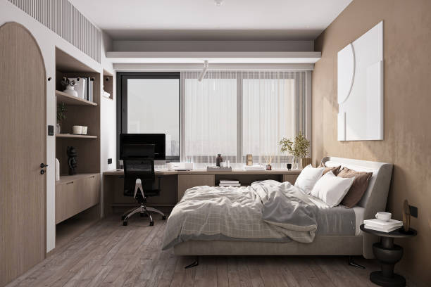 istock Stylish bedroom interior in modern apartment with small bed, 2157083362
