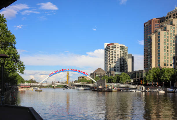 Melbourne downtown, CDB, across the Yarra River.  Daytime, blue sky.  Christmas decorations, lights on display.