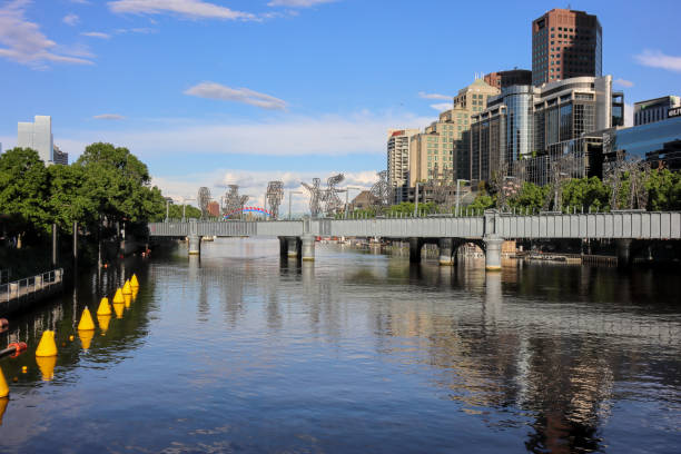 Melbourne downtown, CDB, across the Yarra River.  Daytime, blue sky.  Christmas decorations, lights on display.
