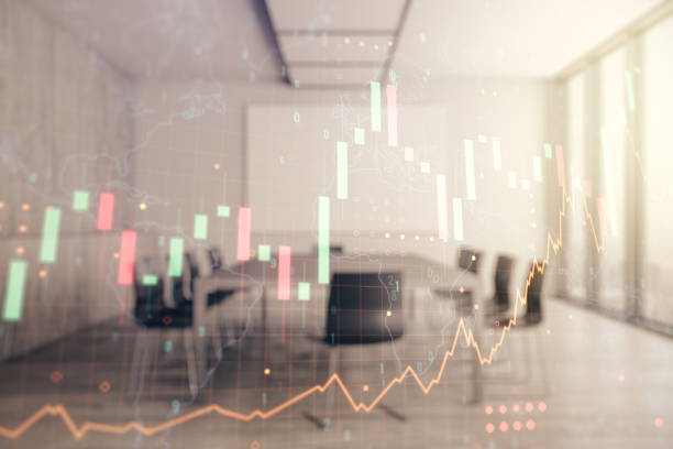 istock Multi exposure of virtual abstract financial graph hologram and world map on a modern furnished classroom background, financial and trading concept 2157087095