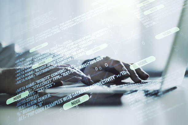 istock Double exposure of abstract creative programming illustration and hands typing on laptop on background, big data and blockchain concept 2157087149