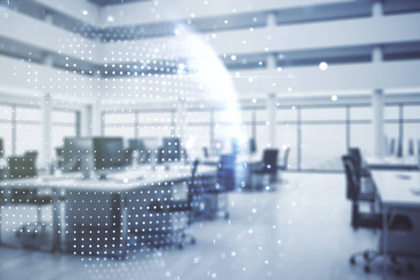 istock Abstract creative world map interface on a modern furnished office background, international trading concept. Multiexposure 2157087228