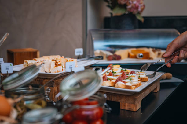 Breakfast, table with a large selection of food for starts the day healthy.