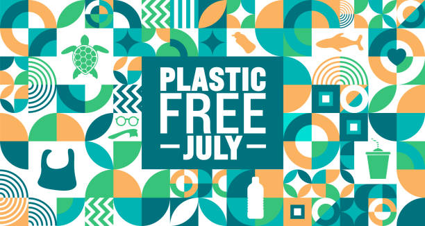 July is Plastic Free July geometric shape pattern background template with turtle picture. use to background, banner, placard, card, and poster design template. A month for the environment. July is Plastic Free July geometric shape pattern background template with turtle picture. plastic-free stock illustrations