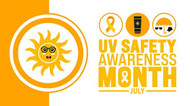 July is UV Safety Awareness Month background template with sun picture. Holiday concept. use to background, banner, placard, card, and poster design template with text inscription and standard color. July is UV Safety Awareness Month background template with sun picture. uv light stock illustrations