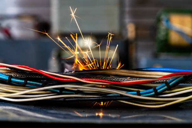 istock Flames, sparks, smoke between electrical cables, closeup. Short circuit in the twisted wires from the electrical devices, fire hazard concept 2157093781