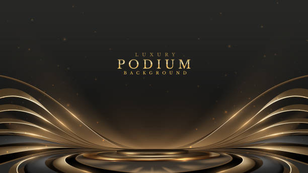 istock Elegant black and gold podium background with flowing lines and sparkling elements, perfect for luxury presentations and events. Vector Illustration. 2157098227