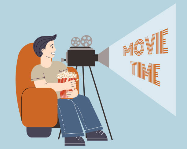 Movie time. Man, movie camera and popcorn. Flat vector illustration