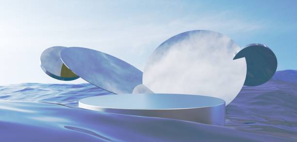 istock 3D Sci-fi Product Display Background template. Surreal abstract futuristic scene. Science fiction elements. Floating metal glass discs, metallic cylinder podium, flowing waters. Surrealism concept. 2157100769